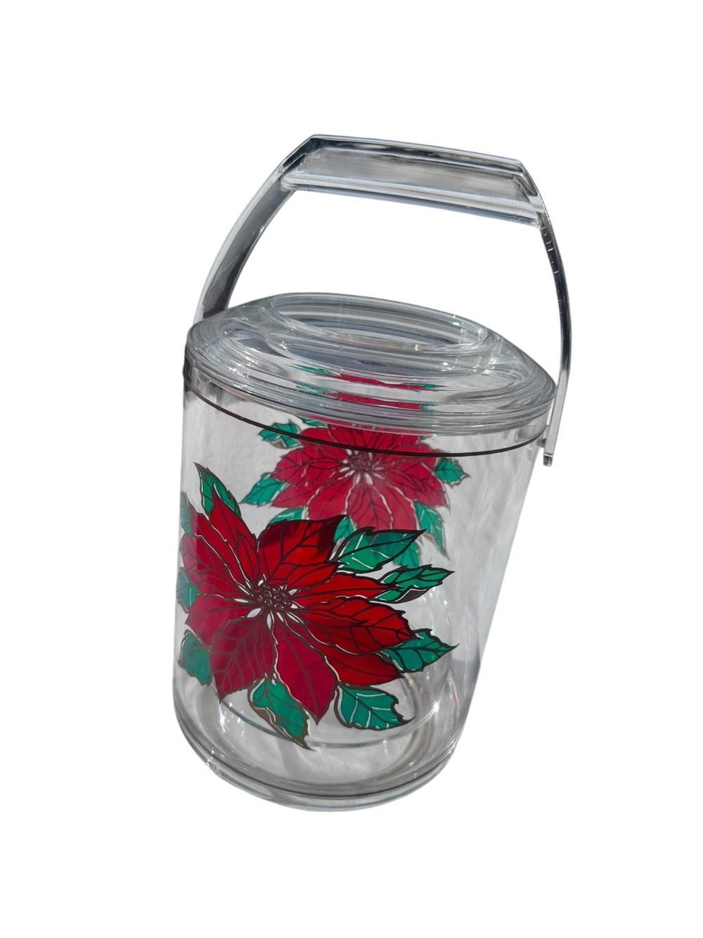 Clear Holiday Lidded Ice bucket with Red Poinsettia and Handle and insert